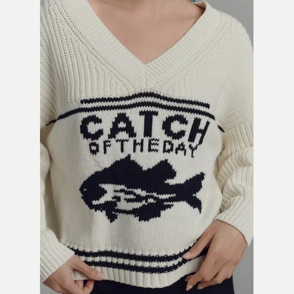 Anthropologie Maeve Nautical Linen-Blend Catch Of The Day Fish Sweater XL NWT - Picture 3 of 9